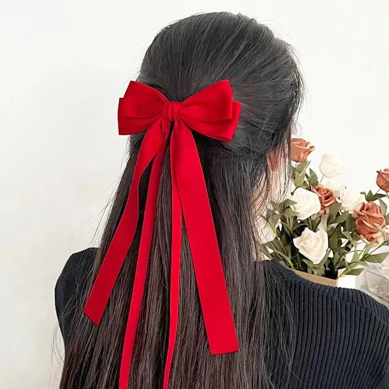 Solid Double Bowknots Hair Clips Women Long Ribbon Bow