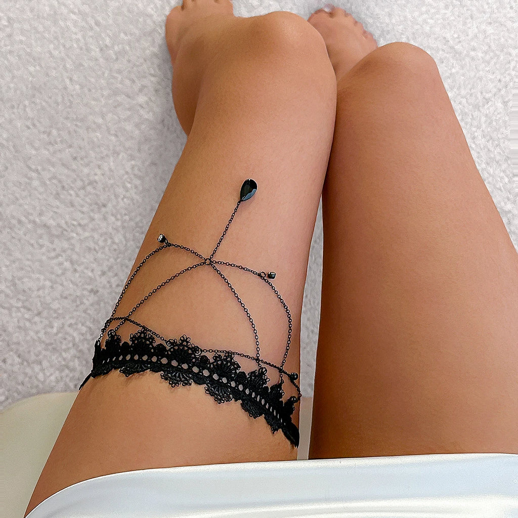 Salircon Gothic Black Lace Elastic Thigh Chain Punk Metal Tassel Water Drop