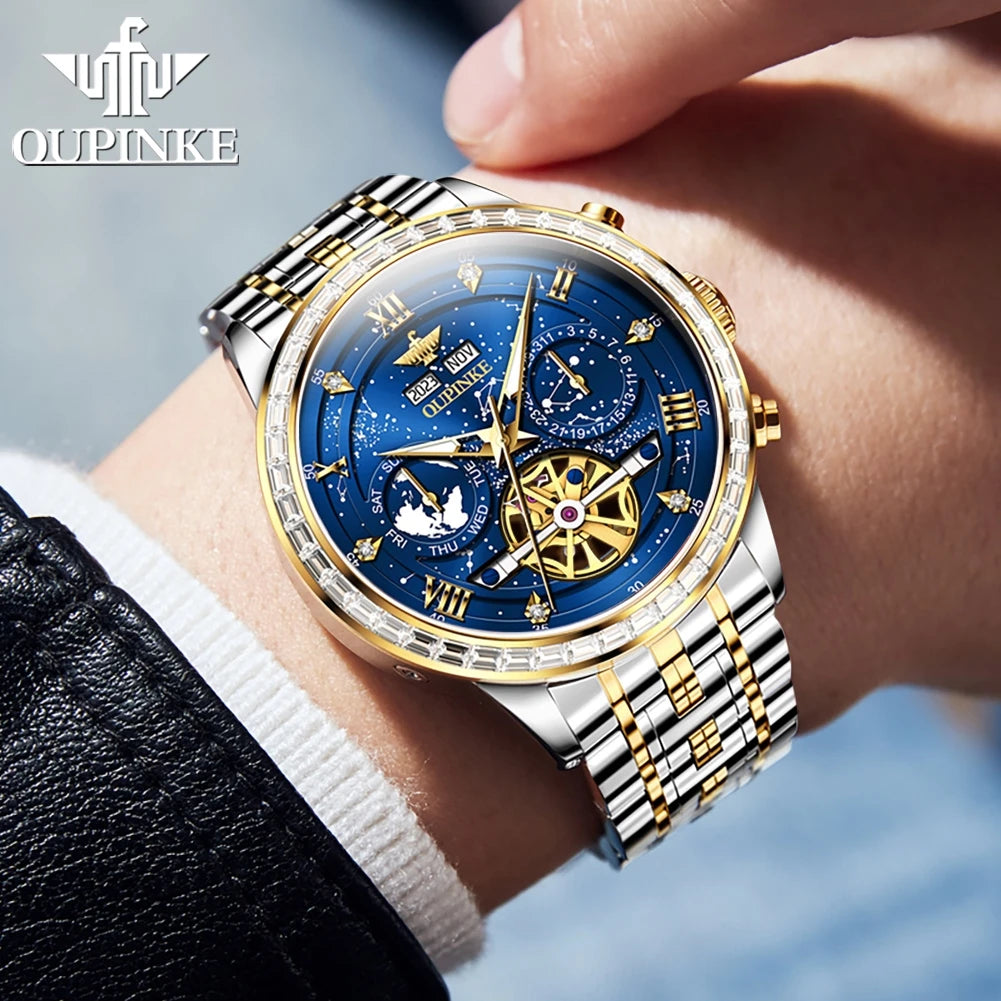 OUPINKE 3255 Men Watch Luxury Brand Swiss Movement Starry Sky Skeleton Waterproof