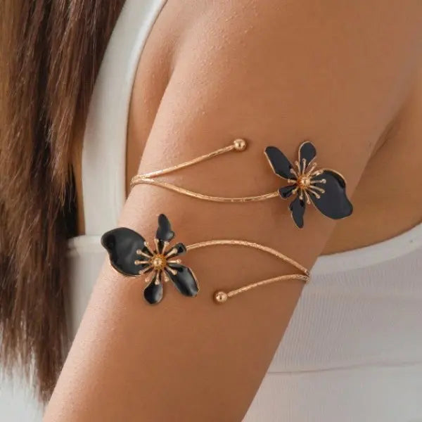 Boho Elegant Sexy Flower Open Cuff Armlet for Women Vintage Enamel Glaze Craft Floral Adjustable Arm Bracelet Beach Body Jewelry
