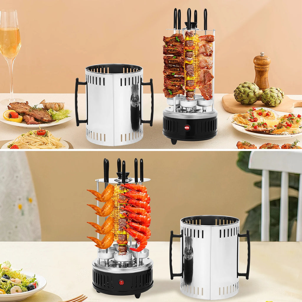 1000W Vertical Electric Grill Stainless Steel Auto Rotisserie 6 Skewers Smoke-Free for Home BBQ