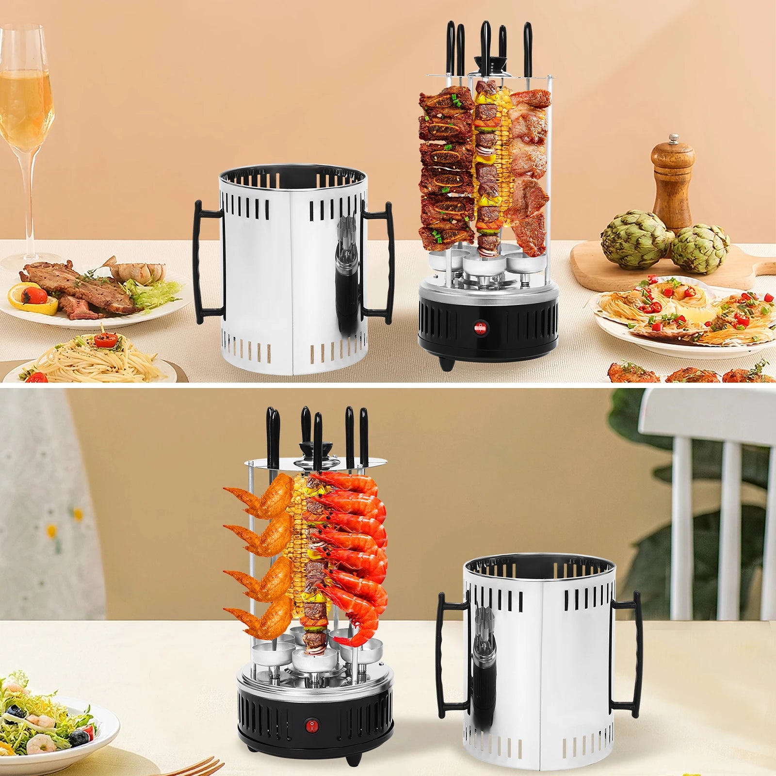 1000W Vertical Electric Grill Stainless Steel Auto Rotisserie 6 Skewers Smoke-Free for Home BBQ