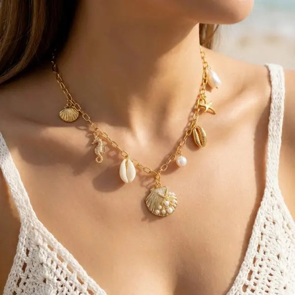 Boho Starfish Scallop Conch Pendant Necklace for Women Elegant Shell Pearl Tassel Metal Chain Choker Summer Beach Party Jewelry
