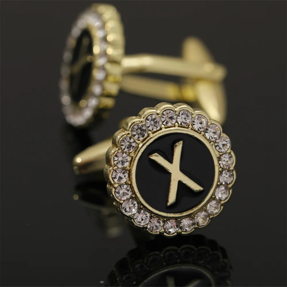 26 Initial Capital Letter A-Z Mens Cufflinks Galaxy Golden Color Gear Shape Crystal Cuff Links Formal Shirt Suit Jewelry Gift