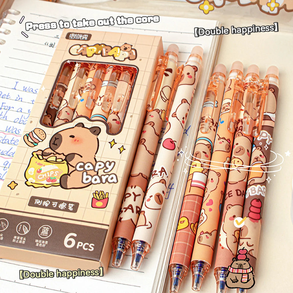 Capybara Erasable Pens 6pcs Refillable Ink Gel