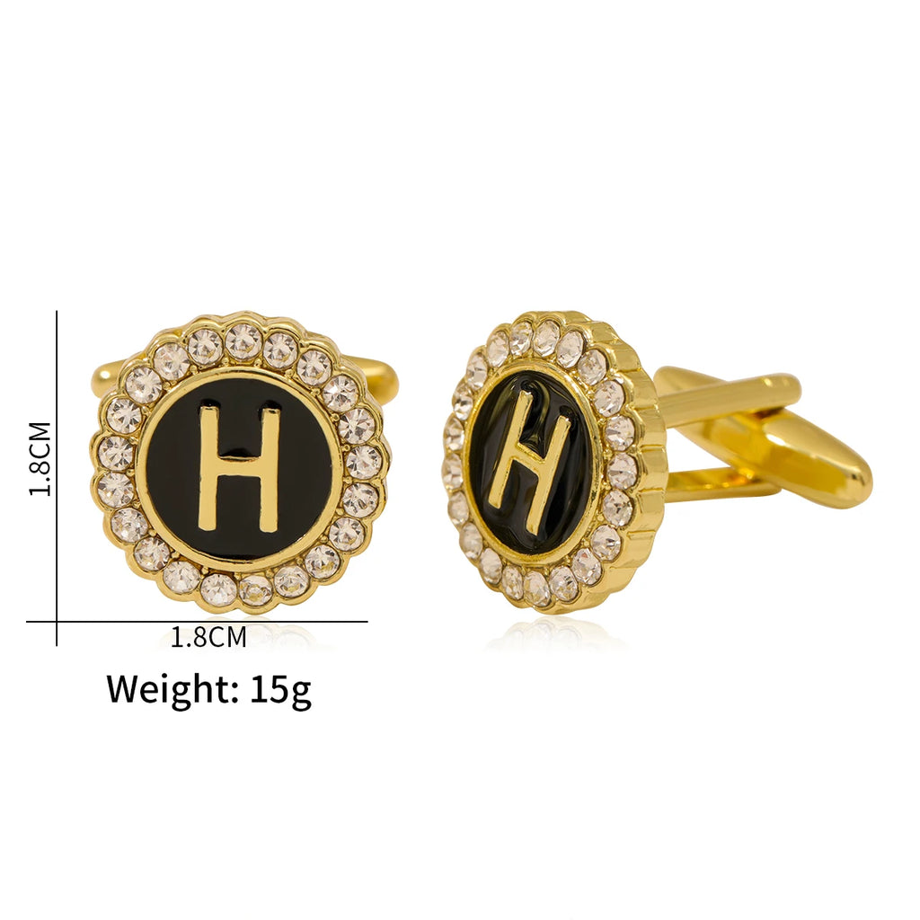 26 Initial Capital Letter A-Z Mens Cufflinks Galaxy Golden Color Gear Shape Crystal Cuff Links Formal Shirt Suit Jewelry Gift