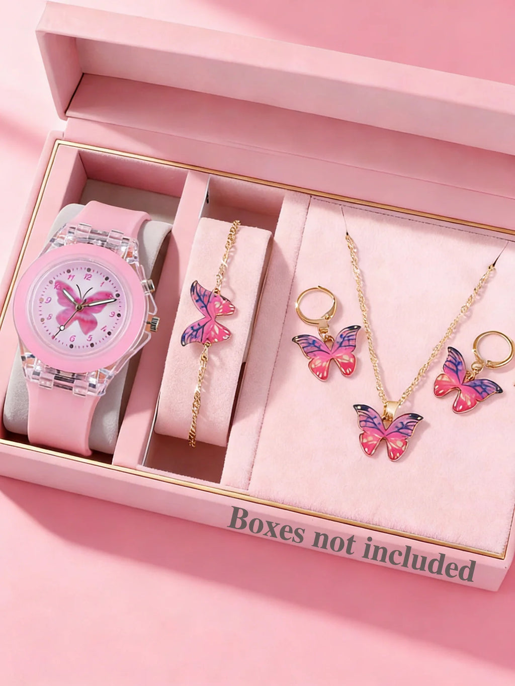 Children's Butterfly Watch And Jewelry Set Birthday Gift Unisex Cute Butterfly Theme Accessory Kit for Kids (No Box Included)