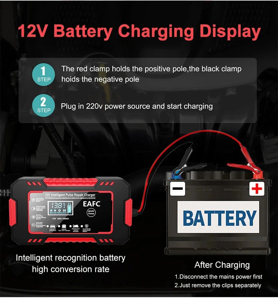 12V 6A Pulse Repair Smart Charger - LCD Display Fast Charge for AGM/GEL/Lead-