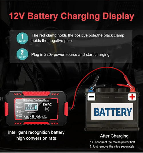 12V 6A Pulse Repair Smart Charger - LCD Display Fast Charge for AGM/GEL/Lead-