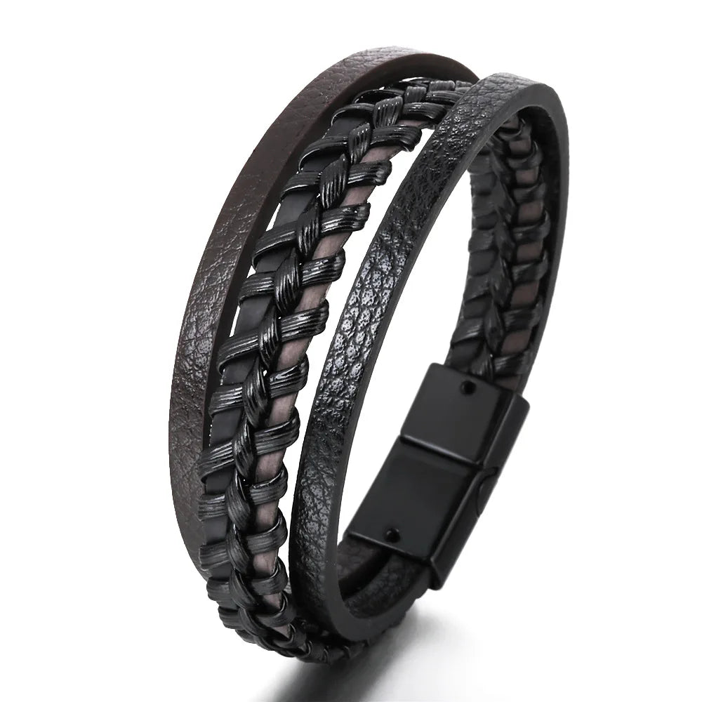 Trendy Leather Bracelets For Men Stainless Steel Bracelet 21CM Multilayer
