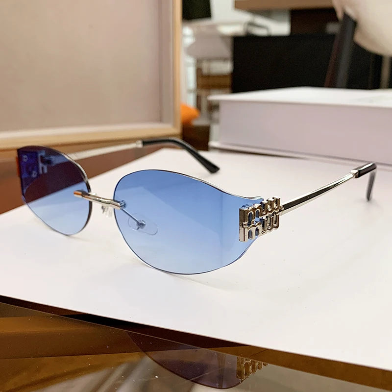 Rimless Oval Sunglasses Women UV400 Oversized Gradient