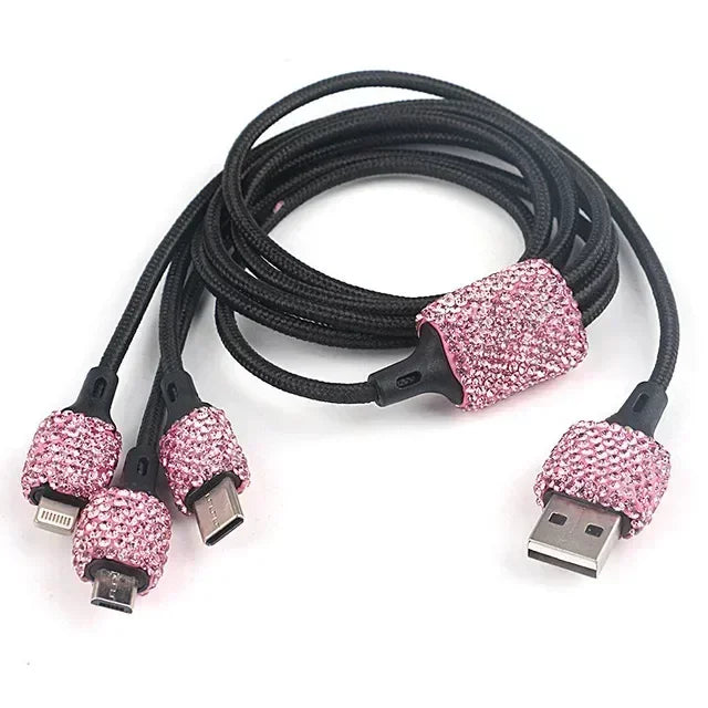 USB Car Charger Pink Crystal Diamond 5V 2.1A Dual Port Fast Charging Adapter 3 in 1 Cable for IPhone Samsung Huawei
