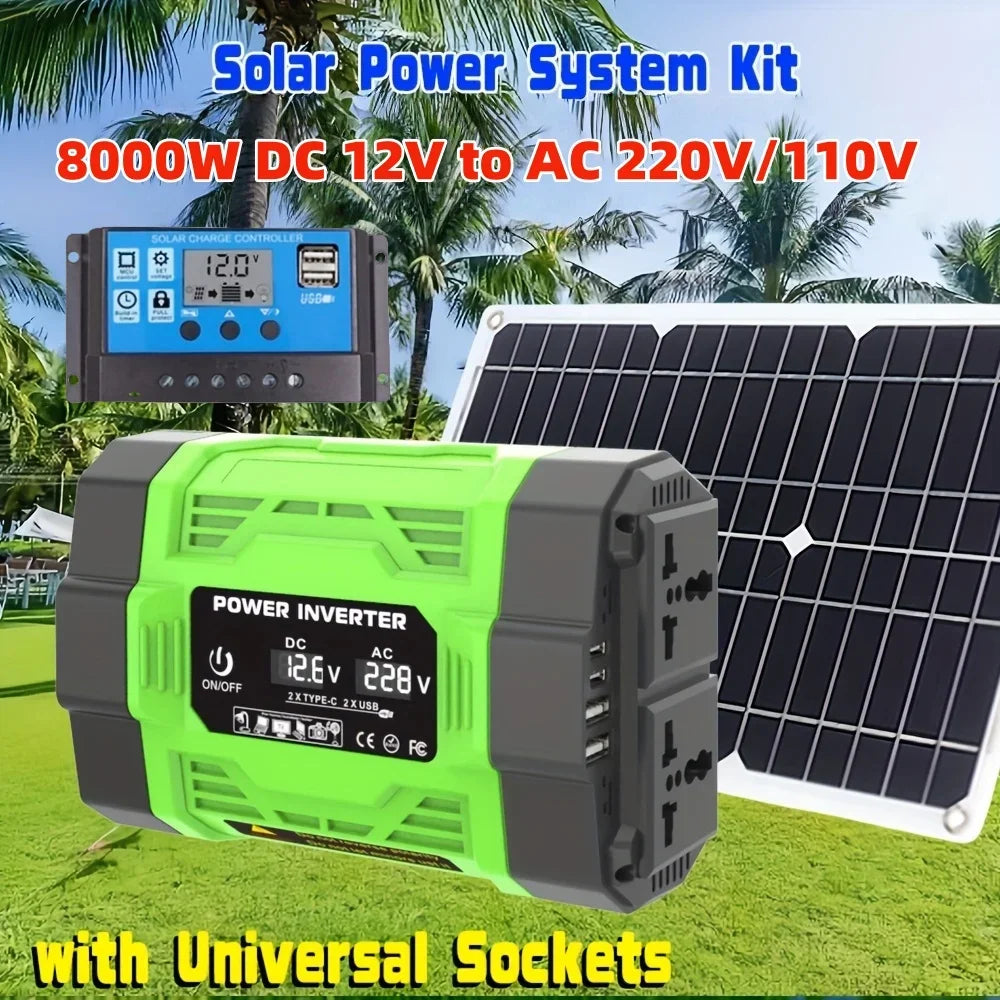 8000W Solar System Kit 12V to AC 220V/110V Inverter +600W Solar Panel +100A Controller, Suitable for Charging RVs, Cars, Laptops