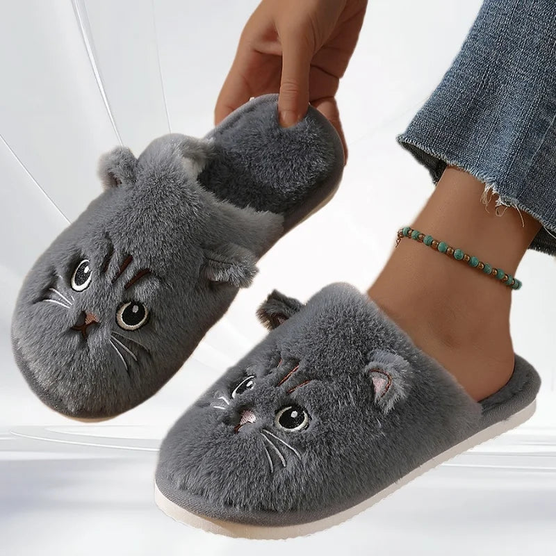 2025 Women Cute Cat Fluffy Furry Home Slippers Couples Indoor