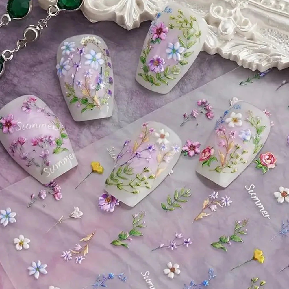 1pc Flower Nail Stickers Summer Floral Leaf Plant 5D Embossed Nail Slider Decals Self-Adhesive Nail Art Supplies Manicure Decor