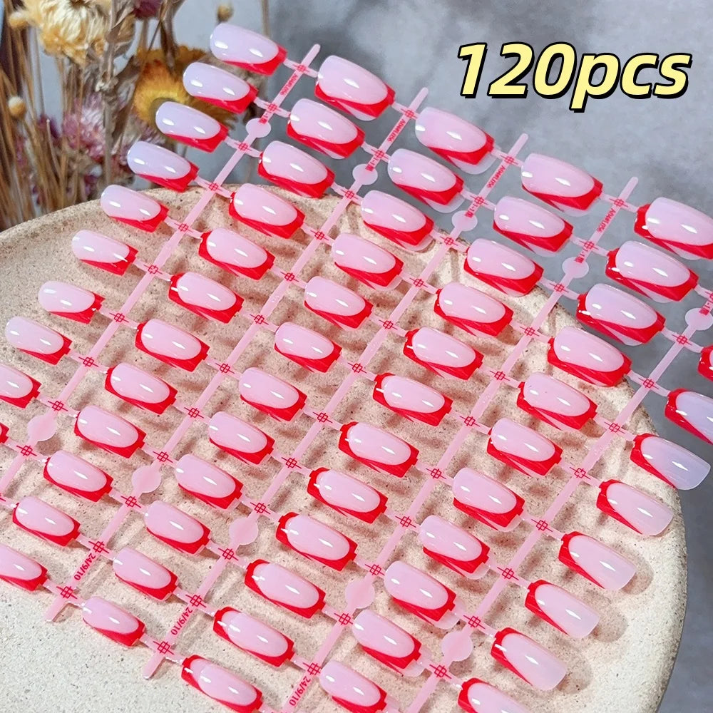 120pcs French Glossy Color Block Acrylic False Nails Spring & Summer Nude Tones Press-On Nails Full Cover Square Shape Nail Tips