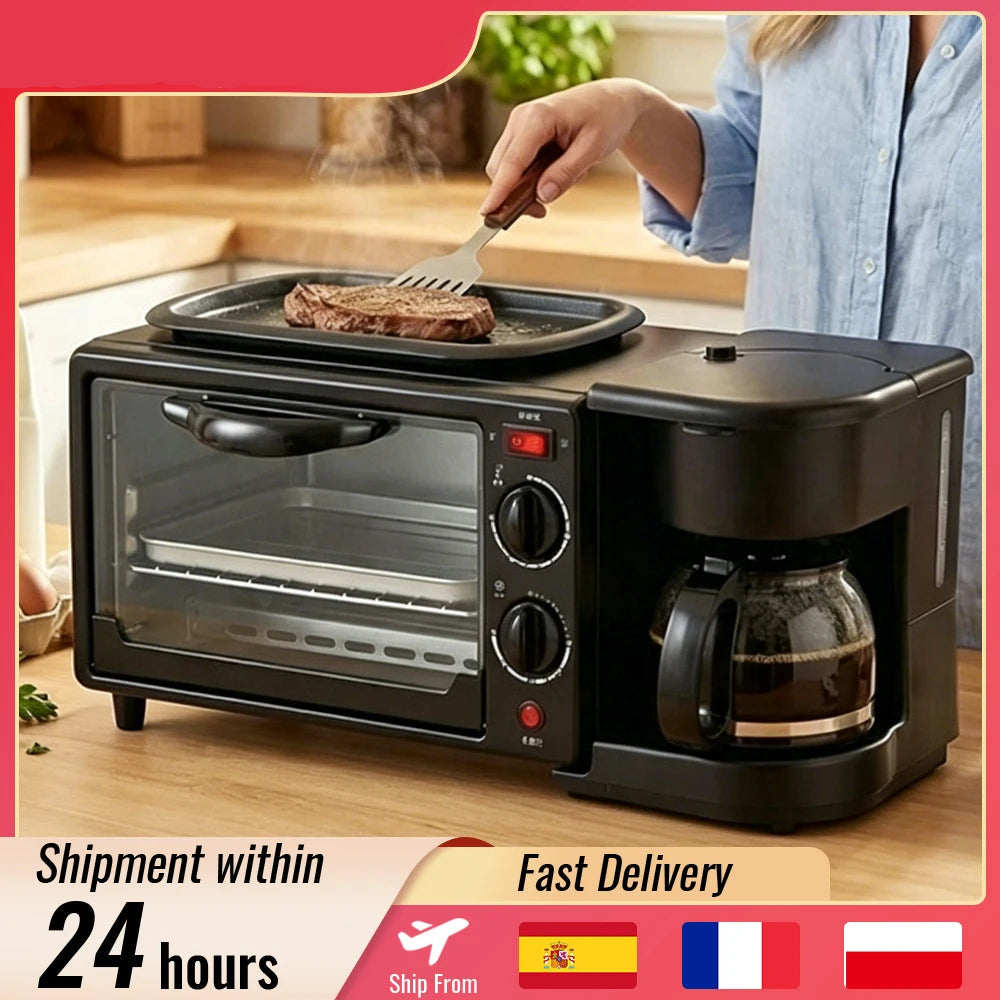 Multifunctional Breakfast Machine 3 in 1 Breakfast Maker Coffee Machine, Breakfast Station with 600 ml Coffee Maker +9 L Oven +Frying Pan, Toasters Breakfast Maker for Home Office