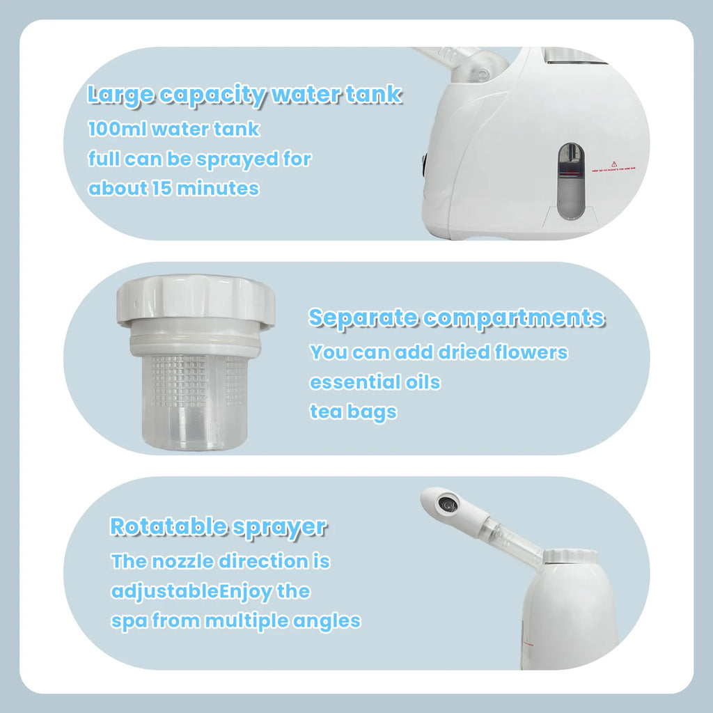 360° Rotatable Warm Mist Facial Steamer 100ml Water Tank Hot Steam Vaporizer Adjustable Spray Pipe Home Salon Spa Deep Pore Moisturizing Skin Care Machine