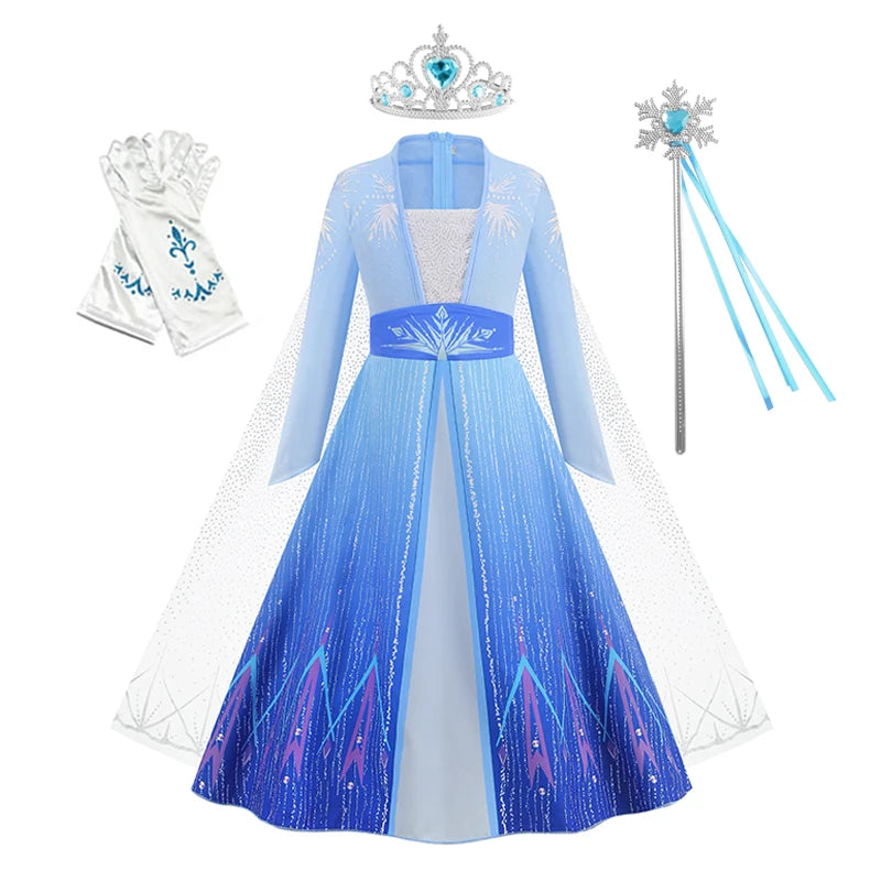 Elsa Princess Dress for Girls Blue Long Sleeve Cloak Carnival