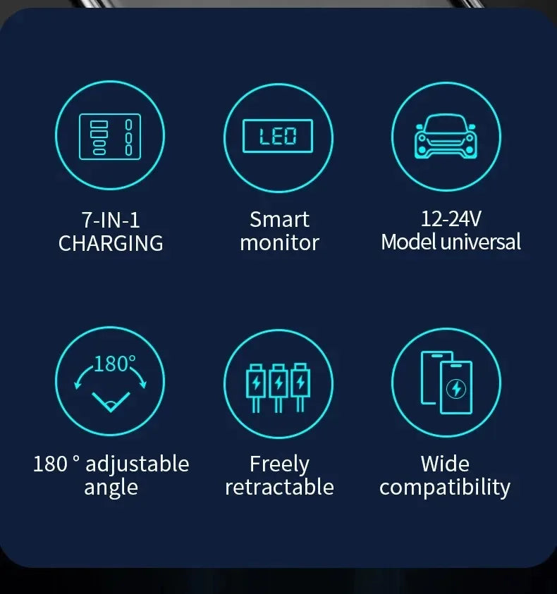 New 120W 7IN1 Retractable Fast Car Charger USB Type-C Power Adapter With Roof Starlight For iPhone Samsung Xiaomi Huawei