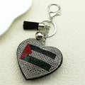 Palestine Flag Full Crystals Heart Shaped Key Chain for Women Men Leather Silver Color Keyring Bag Car Accessories Jewelry Gift