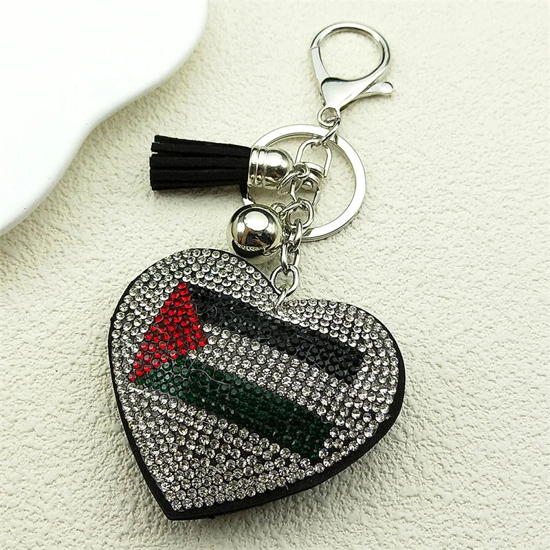 Palestine Flag Full Crystals Heart Shaped Key Chain for Women Men Leather Silver Color Keyring Bag Car Accessories Jewelry Gift