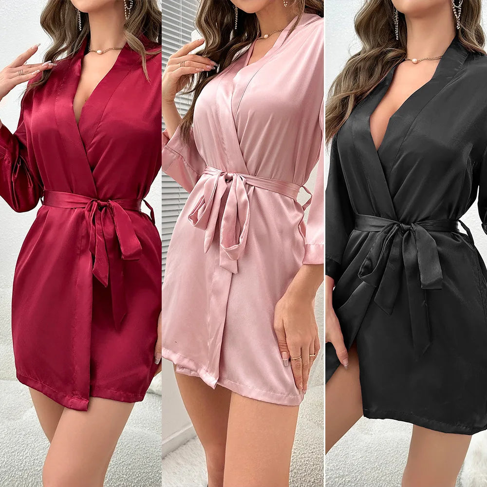 Women's Short Kimono Robe Silky Satin Bathrobe Bride