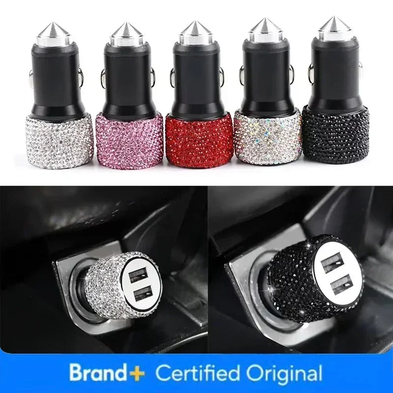 USB Car Charger Pink Crystal Diamond 5V 2.1A Dual Port Fast Charging Adapter 3 in 1 Cable for IPhone Samsung Huawei