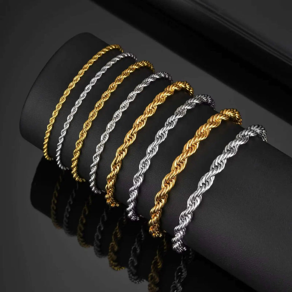 Vnox 2/3/4/5mm Unisex Rope Chain Bracelets for Men Women, Stainless Steel Adjustable Twisted Links Chain Bracelet Wristband New