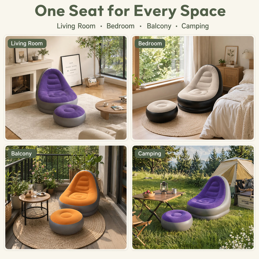 2 IN 1 Inflatable Sofa with Stool Soft Flocking Ergonomic Lounge Chair Fast Inflation Foldable Portable Waterproof PVC Sofa