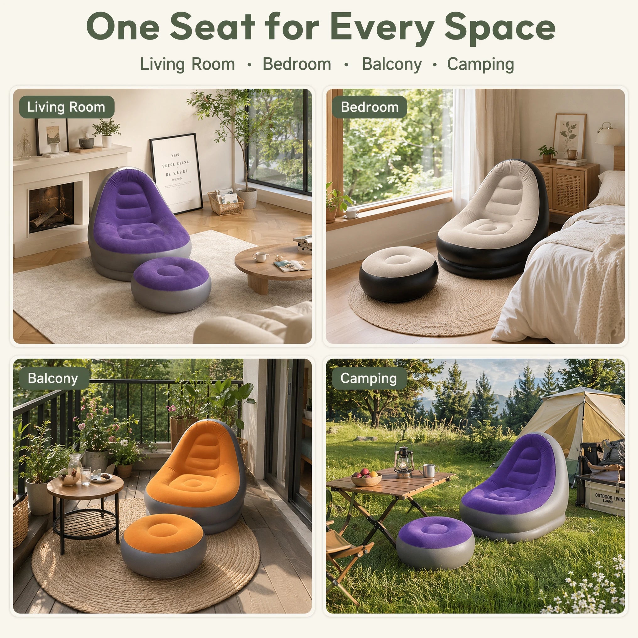 2 IN 1 Inflatable Sofa with Stool Soft Flocking Ergonomic Lounge Chair Fast Inflation Foldable Portable Waterproof PVC Sofa