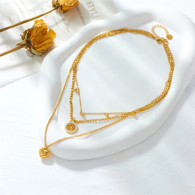 DIEYURO 316L Stainless Steel Gold Color Heart Tree Beads Pendant Necklace For Women Fashion 3in1 Chains Waterproof Girl Jewelry