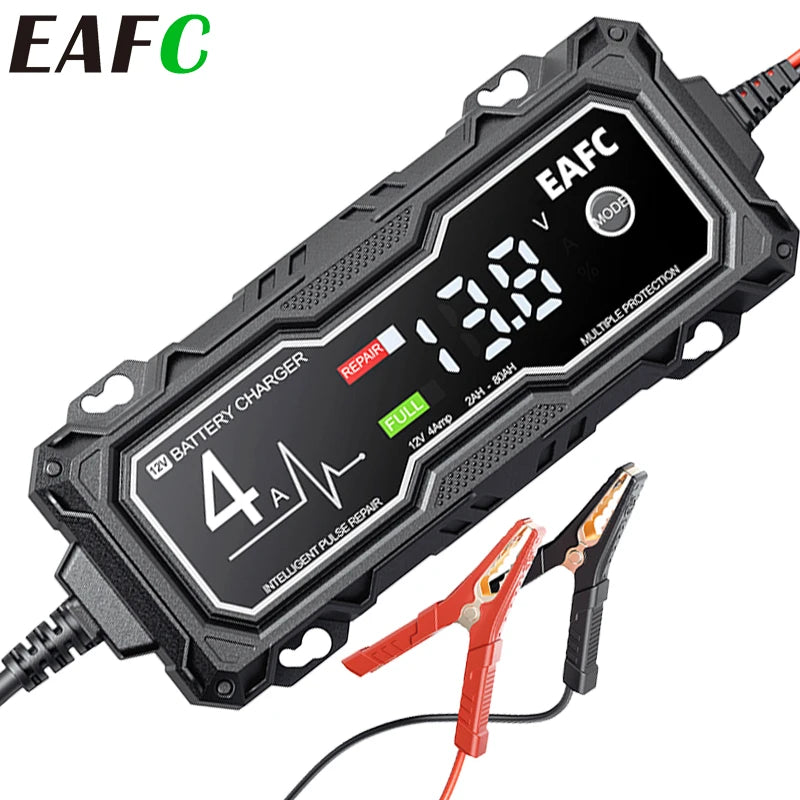 EAFC 12V 4A Car MotorcycleBattery Charger LCD Display  Intelligent Chargers Multiple protection Pulse Repair AGM BatteryCharger