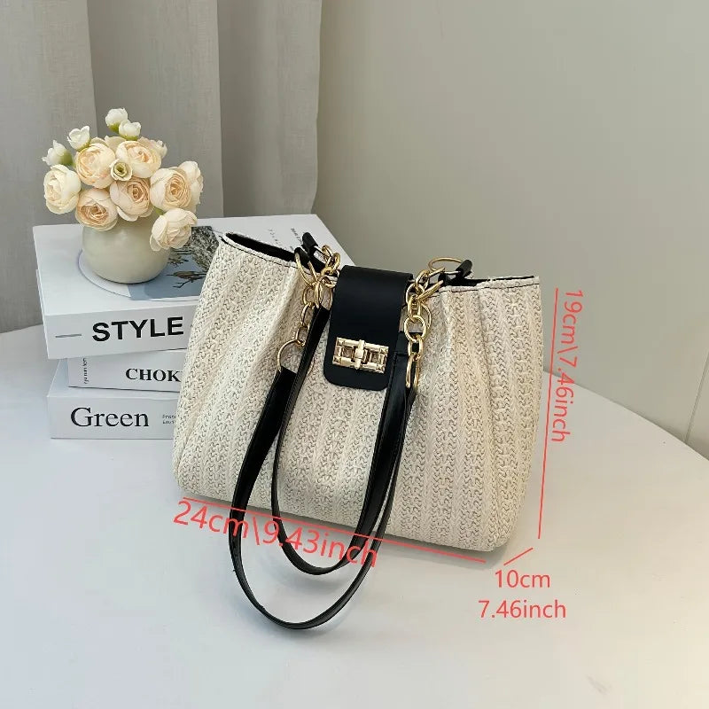 Grass Woven Patchwork Leather Korean Version Shoulder Bag Fashionable Women's Woven Handbag Suitable for Beach Parties Occasion