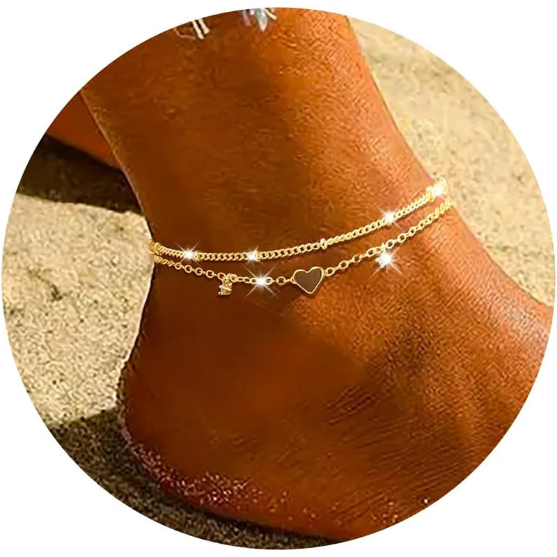 925 Silver Plated Lucky Clover CZ Anklets Waterproof Heart Charm