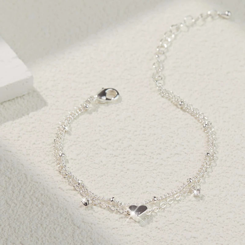 925 Silver Plated Lucky Clover CZ Anklets Waterproof Heart Charm