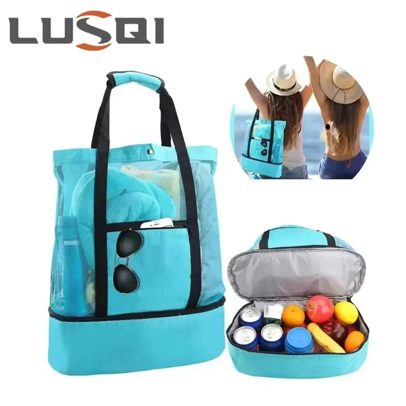 LUSQI Insulated Beach Bag For Women Large Waterproof Tote With Mesh & Transparent Double-Layer For Swimming Picnic Shopping