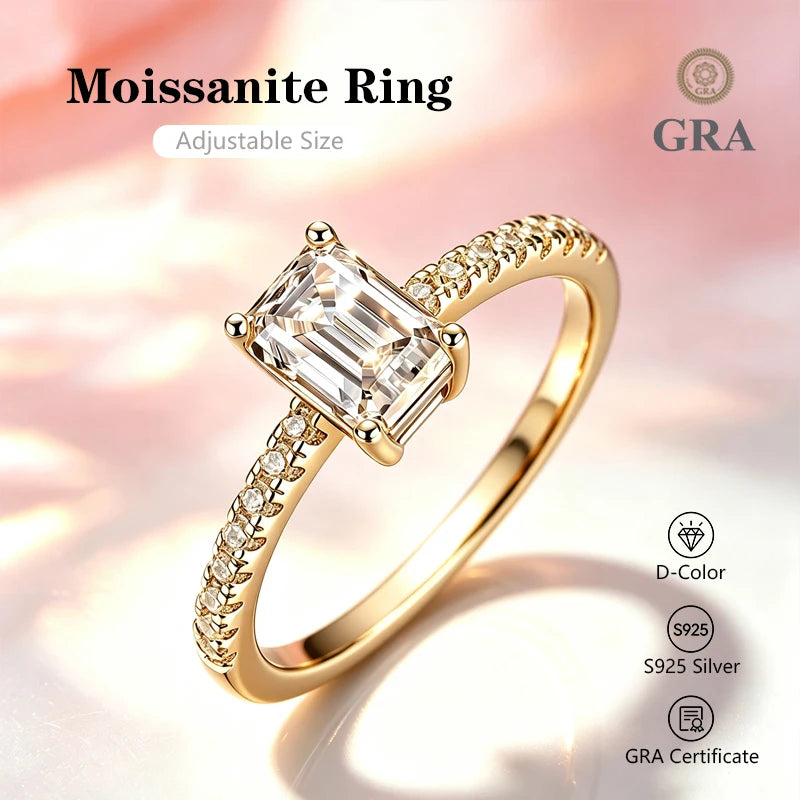 0.5-2.0 Carat Emerald Cut Moissanite Ring S925