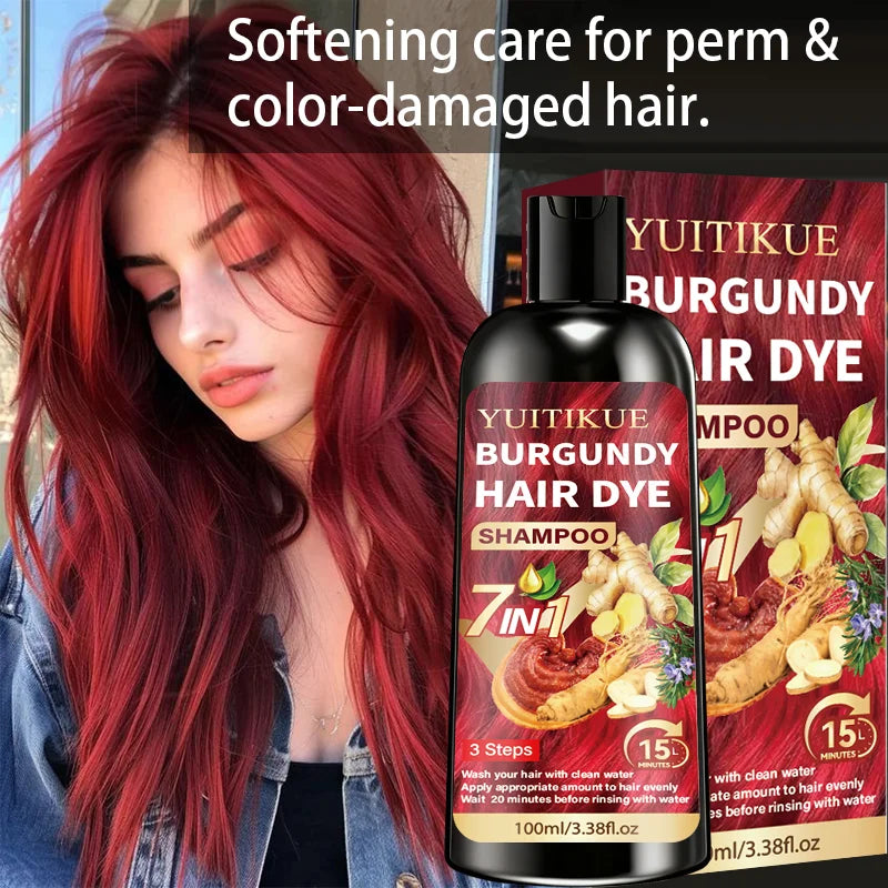 100ml YUITIKUE Burgundy Hair Color Shampoo 7 In 1 Plant Infused Cover Gray Hair Simple Home Hair Coloring Daily Use