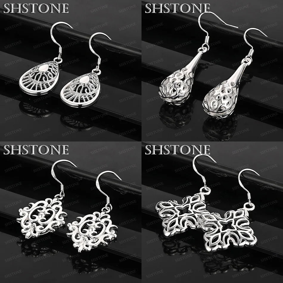 Hot 925 Sterling Silver Retro Square Pattern Hollow Water Drop Drop Earrings Women Christmas Party Fashion Trend Jewelry