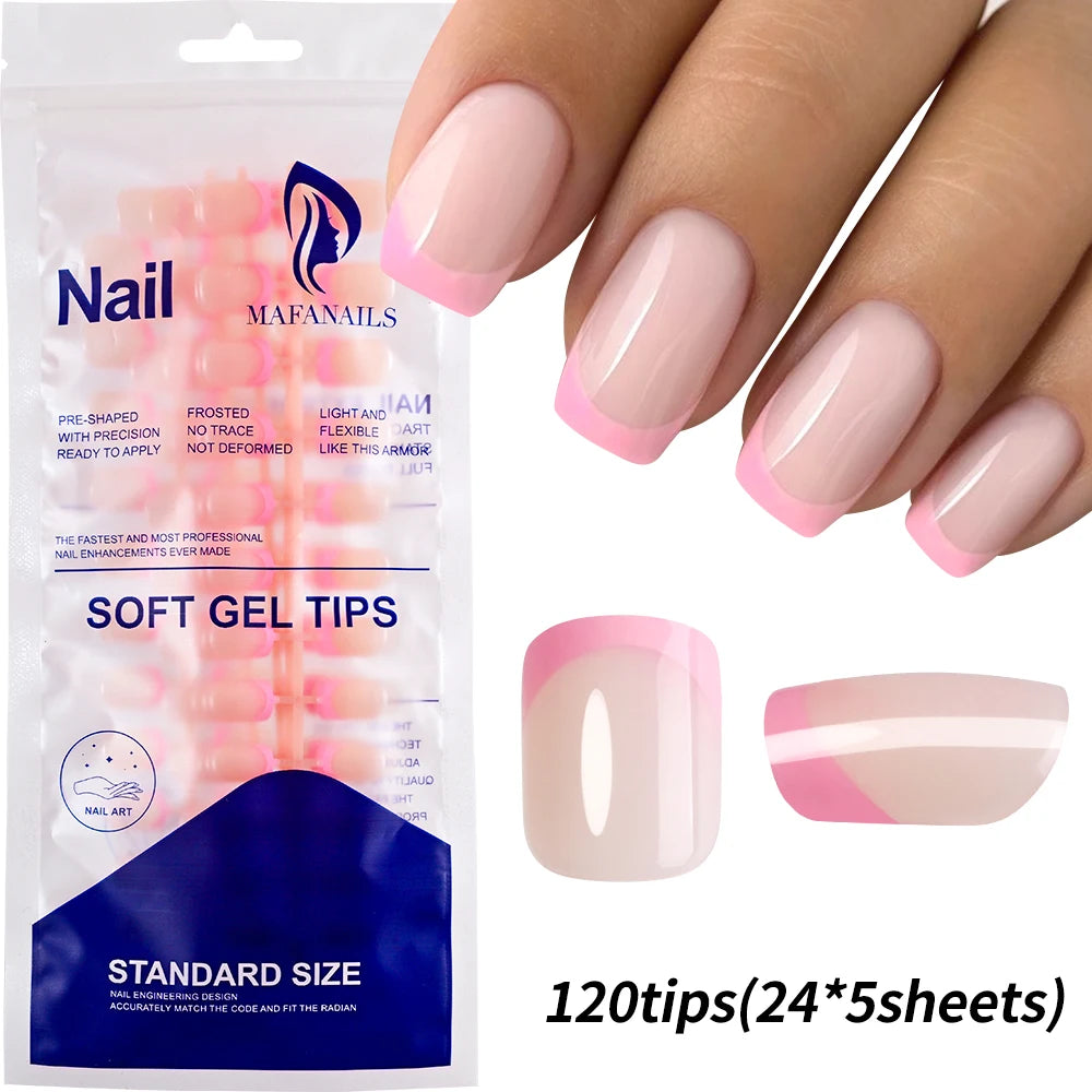 120Pcs Glossy Medium Coffin Press On Nails Pink Gradient French Fake Nails Acrylic Full Cover Ballerina False Nails For Women