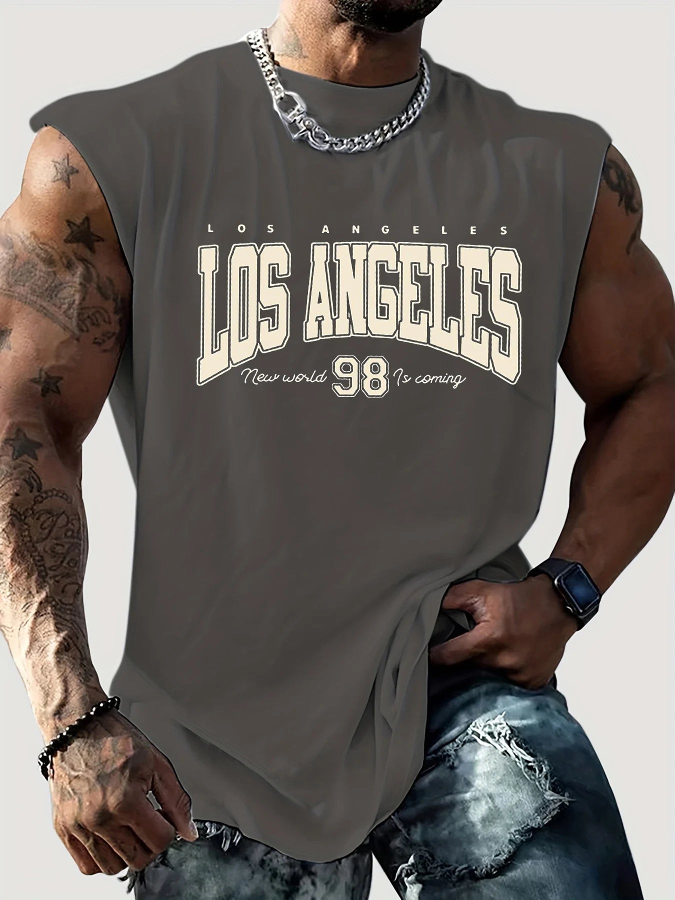 Men's Summer Leisure Sports Fitness Loose Los Angeles 98 Printed Comfortable Breathable Round Neck Sleeveless Tank Top