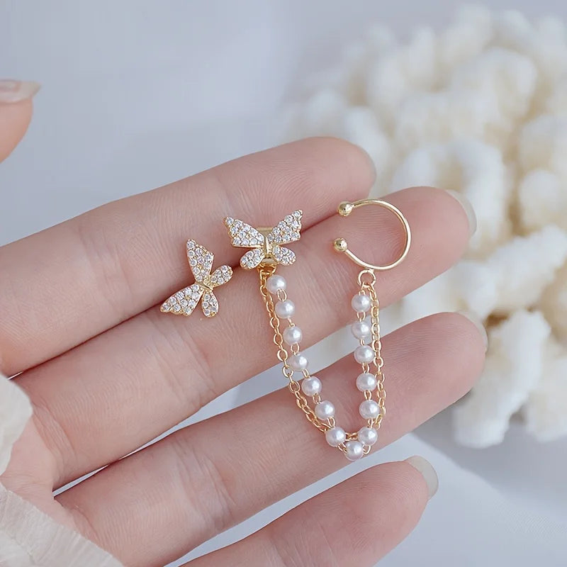 Aesthetic Gold Color Zircon Butterfly Chain Earrings Dainty Double Layer Pearl