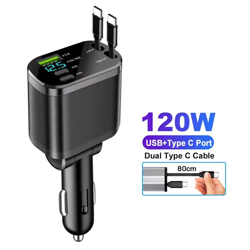 4 IN 1 Car Phone Charger 120W Type C 66W+2.4A Charging Cable with Retractable Cords with Volt Display For IPhone Huawei Samsung
