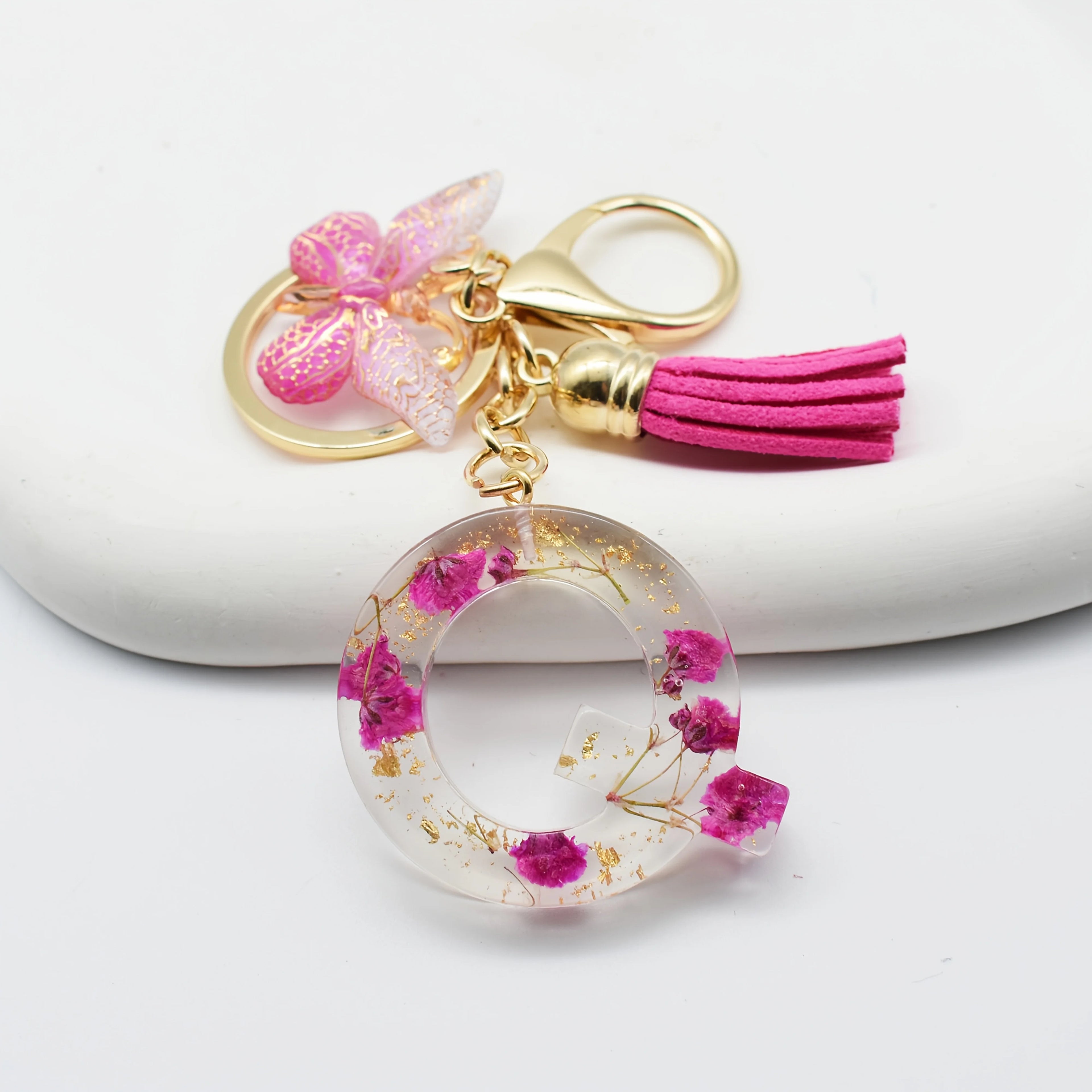 1PC Fashion Easter Alphabet Keychain - Dried Flower Resin Charm, A-Z Initial Pendant Butterfly Tassel, Non-Woven ABS Gift