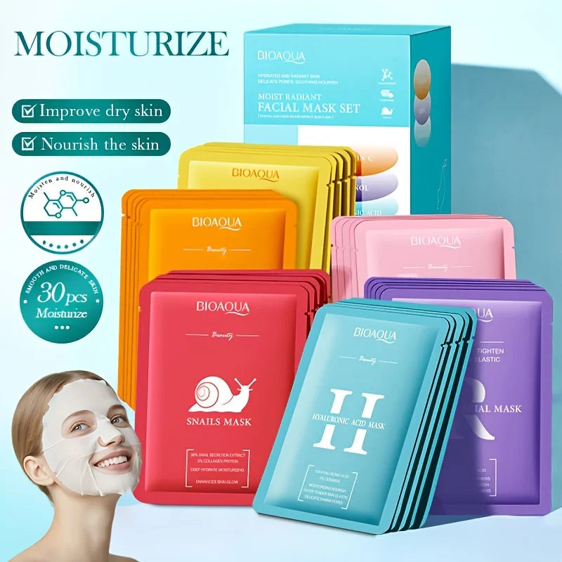 BIOAQUA 30 Sheets Facial Mask Set, 6 Kinds Hydrating Face Mask Patches with Snail & Hyaluronic Acid Extract