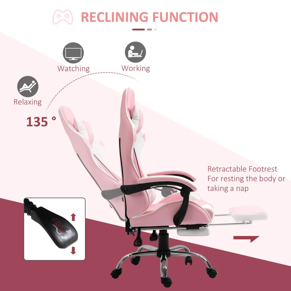 Gaming chair computer chair ergonomic office chair with headrest lumbar cushion height adjustable 360° rotatable pink+white