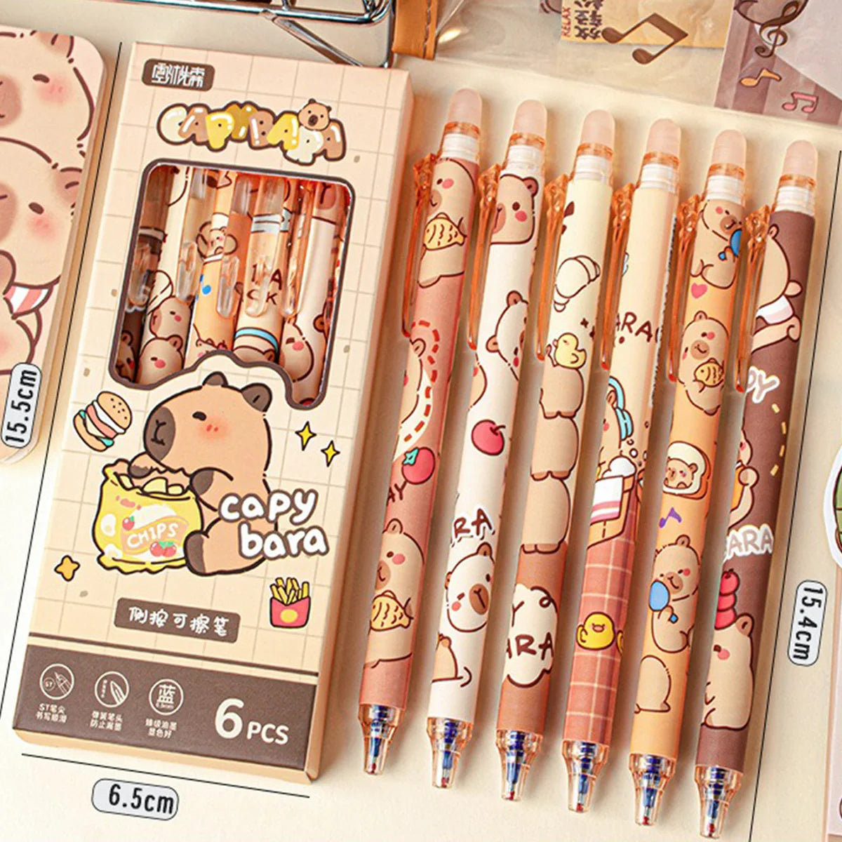 Capybara Erasable Pens 6pcs Refillable Ink Gel