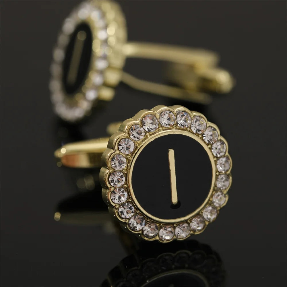 26 Initial Capital Letter A-Z Mens Cufflinks Galaxy Golden Color Gear Shape Crystal Cuff Links Formal Shirt Suit Jewelry Gift
