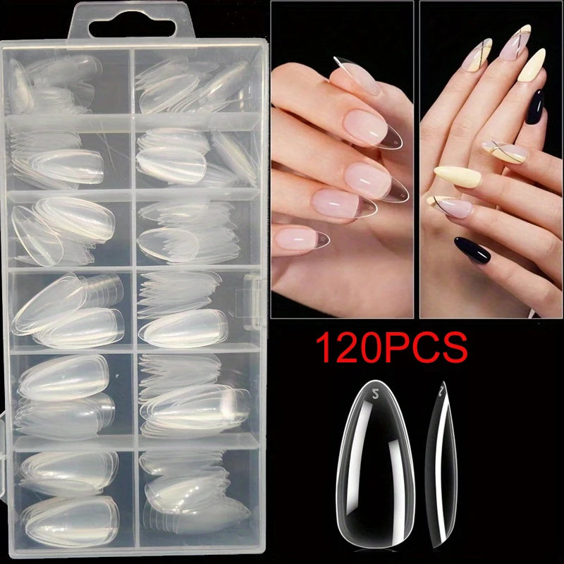 120/240 Pieces Long Soft Gel Nail Stickers, Transparent Full Coverage Almond-Shaped Press-On Nails, Acrylic Almond-Shaped Nail Stickers for Nail Salon Extension